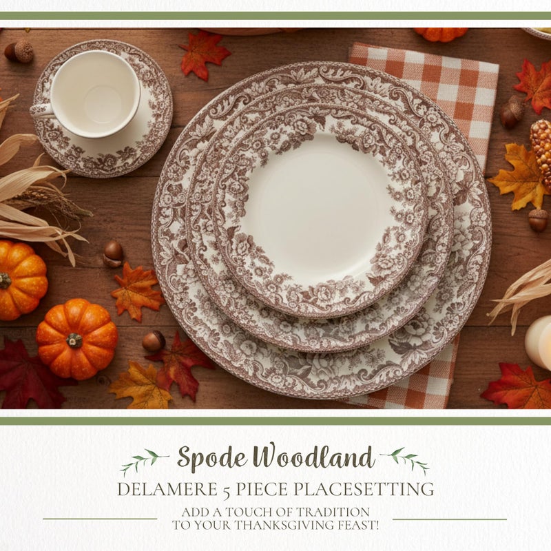 Spode Delamere 5-Piece Place Setting â€“ Rich Brown British Flowers Border, Includes Dinner, Salad, Bread Plates with Teacup & Saucer â€“ Fine Earthenware, Dishwasher, Microwave, Oven & Freezer Safe - Image 2